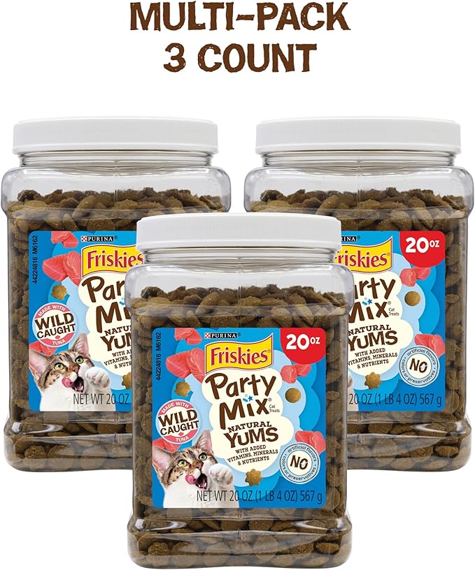 Friskies Purina Natural Cat Treats,Party Mix Natural YUMS with Wild Caught Tuna and Added Vitamins,Minerals and Nutrients - 20 oz. Canister,(Pack of 2)