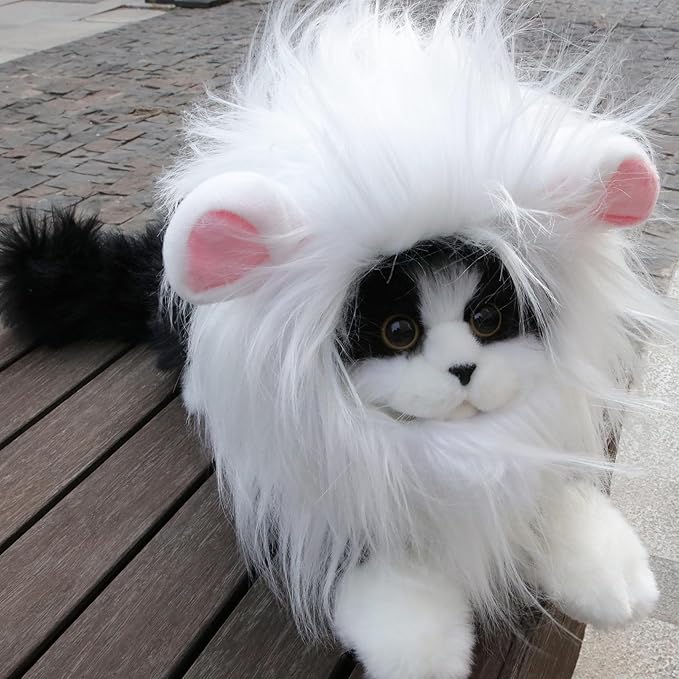 Lion Mane Wig for Cat,Dog and Cat Costume,Funny Pet Cat Costumes for Halloween Christmas, Parties, Photo Shoots (Size M, White with Pink)