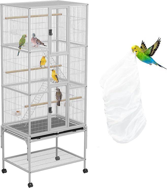 69 inches Bird Cage with Dust Cover, Birdcages with Rolling Wheels, Large Bird Cages for Cockatiels Quaker Conure Parakeet Lovebird Finch Canary Small Medium Parrot Cage Birdcage, White