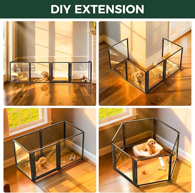 FXW AuraSpace Pro Metal & Acrylic Indoor Dog Playpen, All-Acrylic Clear Heavy-Duty Design, 24" Height 6 Panels for Puppies & Small Dogs, Black│Patented