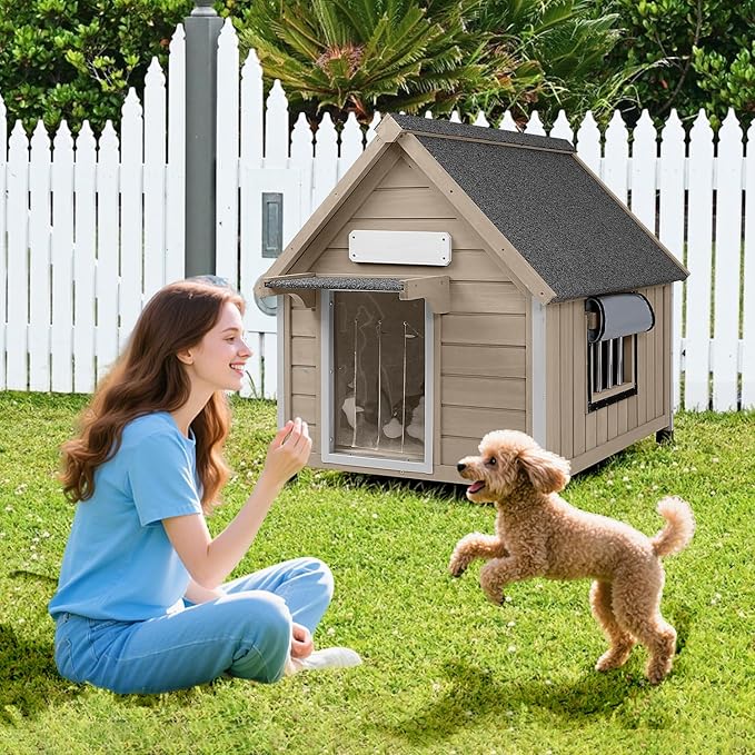 Large Dog House Indoor Outdoor with Window, Doghouse Kennel Shelter with Anti-Chewing Iron Frame for Medium to Small Dogs, Easy Assemble(37.4" W*30.5" L*39.3" H)