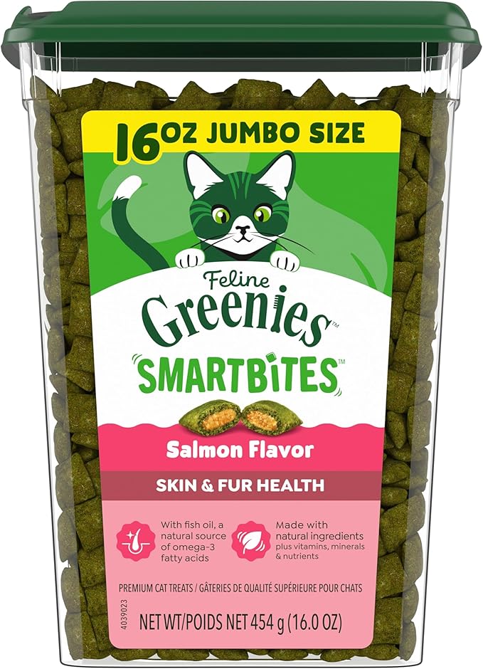 Greenies Cat Treats, Feline Smartbites, Skin & Fur Health, Crunchy and Soft Cat Treats, Salmon Flavor, 16 oz. Tub