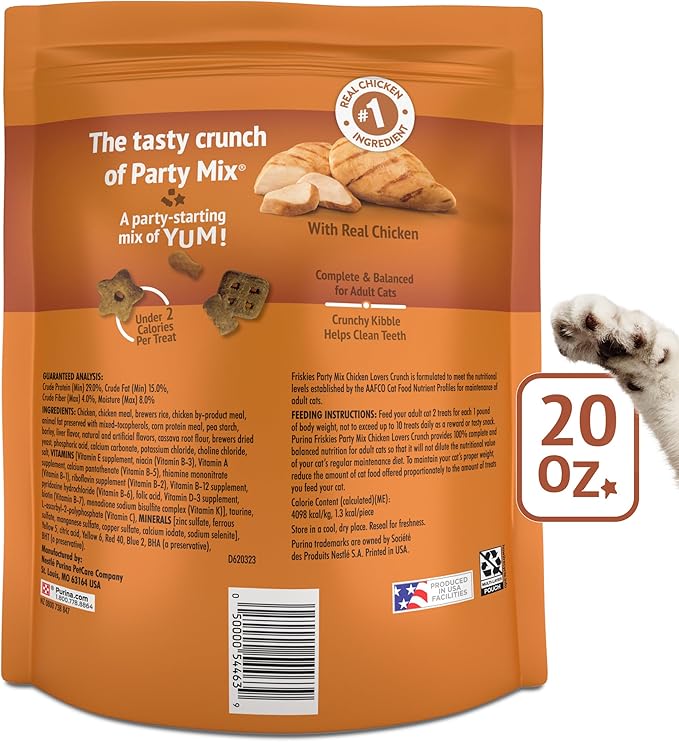 Friskies Purina Cat Treats, Party Mix Chicken Lovers Crunch - 20 Oz. Pouch (Pack of 2)