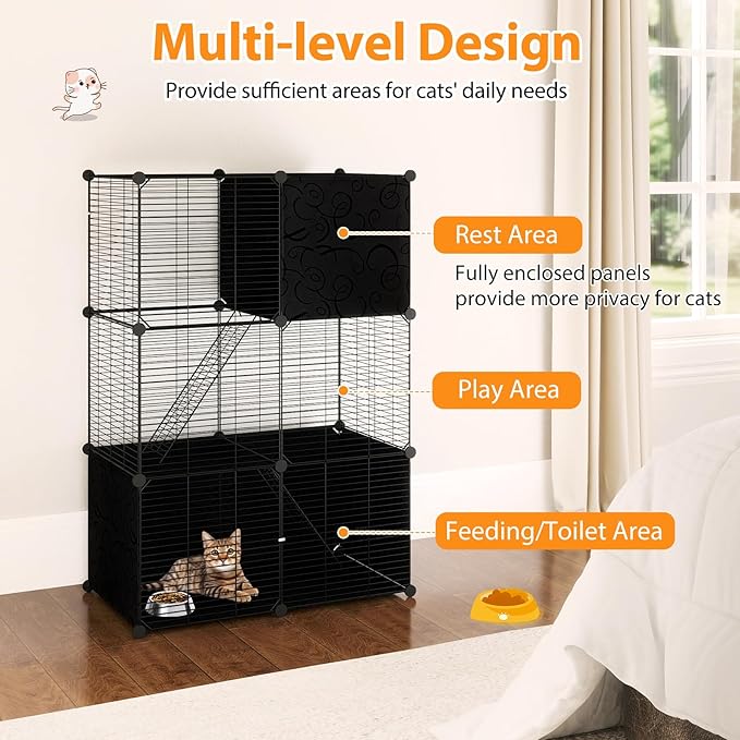 Tangkula Cat Cages Indoor, 3-Tier Large Cat Enclosure with 2 Ladders, 3 Doors, Detachable Metal Wire Kennel for Indoor Cats to Play and Rest, DIY Cat Crate & Pet Playpen Catio for Small Animals