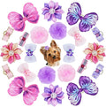 22 Pieces Cute Dog Hair Bows with Elastic Rubber Bands, Small Puppy Hair Accessories with Butterfly Flower Pearls Double Bow for Pets Dogs Cats Hair Grooming (Purple and Pink)