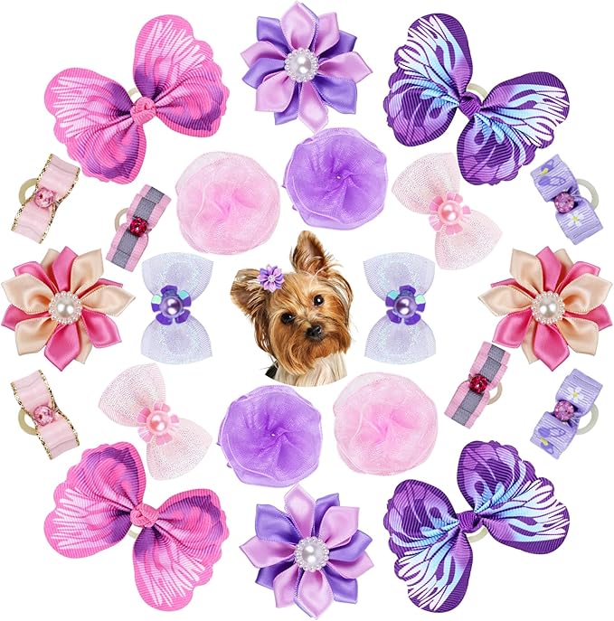 22 Pieces Cute Dog Hair Bows with Elastic Rubber Bands, Small Puppy Hair Accessories with Butterfly Flower Pearls Double Bow for Pets Dogs Cats Hair Grooming (Purple and Pink)