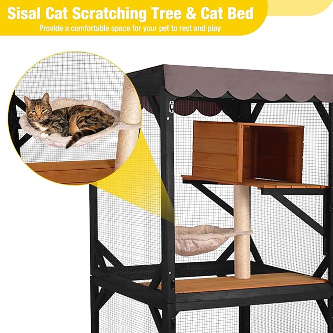 Aivituvin Catio Outdoor Cat Enclosure on Wheels Indoor Kitty House with Cat Bed, Scratching Post, Jumping Platforms, Waterproof Roof