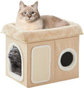 WINDRACING Cat Beds for Indoor Cats - Cat House for Pet and Foldable Cat Cave Bed with Scratch Pad, Cat Hideaway Condo for Kitten, 16.9x12.8x14.2 inches, Beige