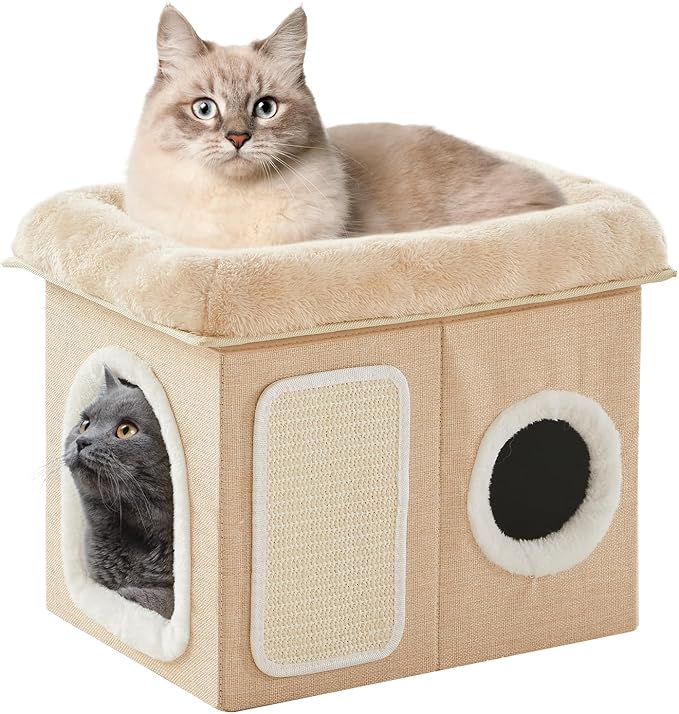 WINDRACING Cat Beds for Indoor Cats - Cat House for Pet and Foldable Cat Cave Bed with Scratch Pad, Cat Hideaway Condo for Kitten, 16.9x12.8x14.2 inches, Beige