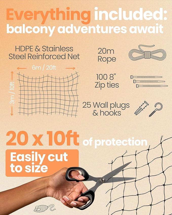 Steel Reinforced Cat Netting for Balcony - 10ft x 20ft - Cat Net for Catio – Safety Netting for Pets - Animal Proof Screen - Strong Pet Net – Kitten Balcony Protection - Barrier for Animals Fence
