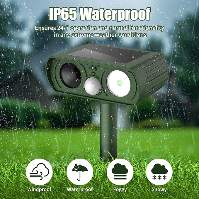 Solar Ultrasonic Animal Repellent, Deer Repellent Devices Waterproof, Cat Repellent Outdoor with Motion Detection Squirrel Skunk Rabbit Dog Raccoon Deterrents Animal Repeller for Yard, 2 Pack