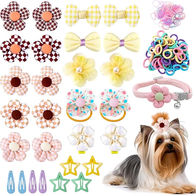 180+ Pcs Multi-Colored Dog Hair Accessories Set,Small Dog Hair Bows with Rubber Bands,Cute Puppy Hair Ties,Bowties for Small Dogs Cats,Dog Hair Clip,Floral Bell Collar,Flower Scrunchie