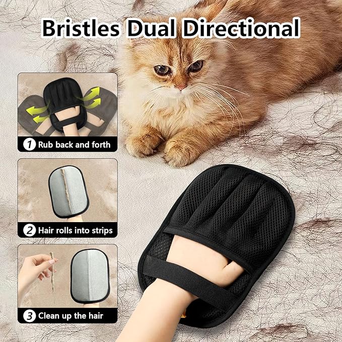 2PCS Upgraded Pet Hair Removal Gloves for Cats & Dogs, Five-Finger Electrostatic Reusable Magic Brush for Effortless Pet Hair Remover Tool on Carpet, Clothing, Laundry, Couch, Car Seat (Black)