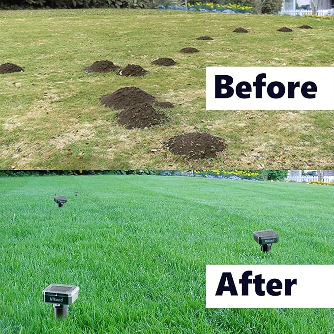 NIKAND Solar Mole Repellent Ultrasonic 4 Pack Outdoor Powered Sonic Deterrent - Mole Stopper Scare Vole for Lawn Garden Yard Home - Groundhog Repeller Snake Rodent Gopher Spikes Chaser Pest (4 Pack)