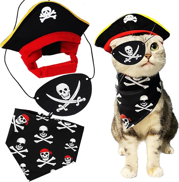 Cat Pirate Costume - Pet Hat, Skull Triangle Bandana, Halloween for Dogs Cats With Captain Headwear and Party Necklace