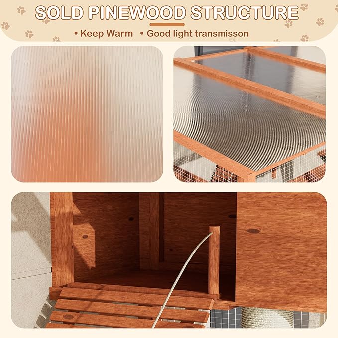 Large Walk-in Catio Wooden cat Houses for Multiple Outdoor Cats, Outdoor cat Enclosure with 4 Bridges & Transparent PVC Roof & sisal Scratcher, Kitty cat Condo Shelters (Orange)