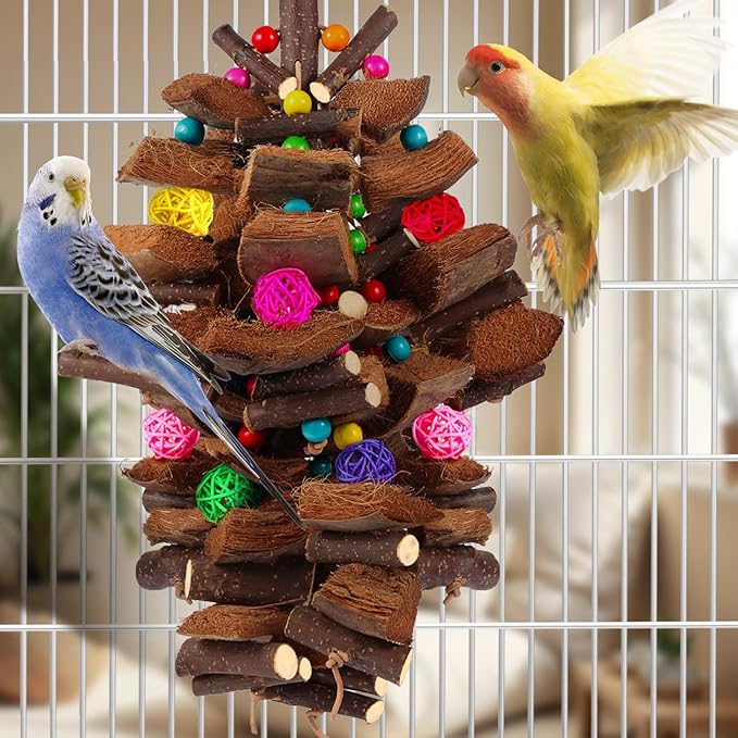 Kyouki Bird Toy for Parrots，Cockatiels, Budgies, Conures, Macaws, Lovebirds, Amazons and Other Small/Medium/Large Birds - Chewable & Shreddable Natural Coconut Husk Enrichment Toy (Large)