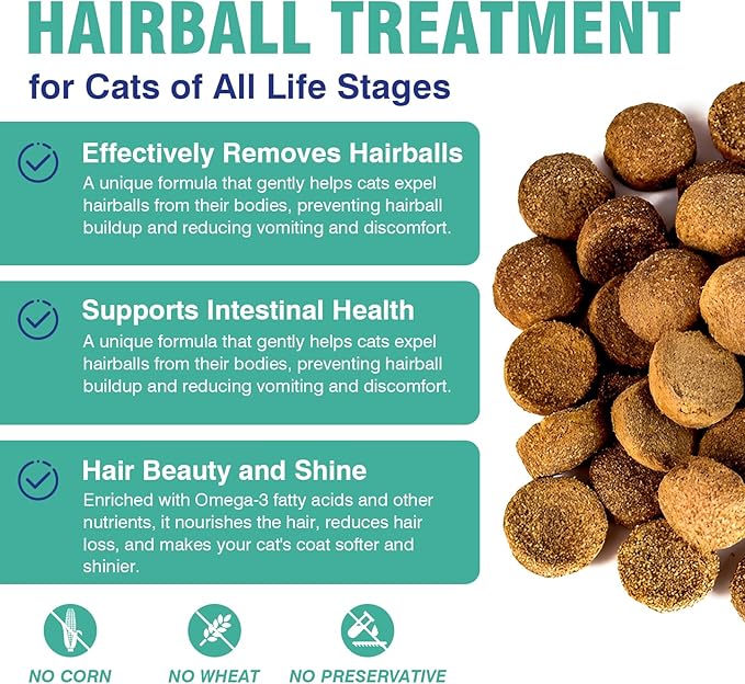 Hairball Remedy Treats for Cats, 150 Soft Chews Furball Control & Relief Treatment for Indoor Cats, Supports Skin & Coat Health Helps Eliminate & Prevent Hairballs Chicken Flavor