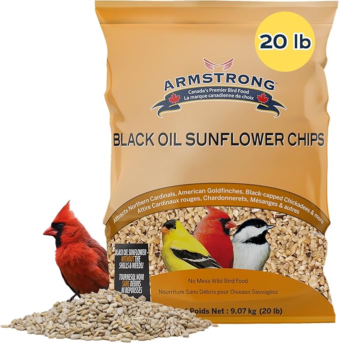Armstrong Wild Bird Food Black Oil Sunflower Chips, 20 Pounds - for Northern Cardinals, American Goldfinches and Black-Capped Chickadees - Ideal for Outside Feeders