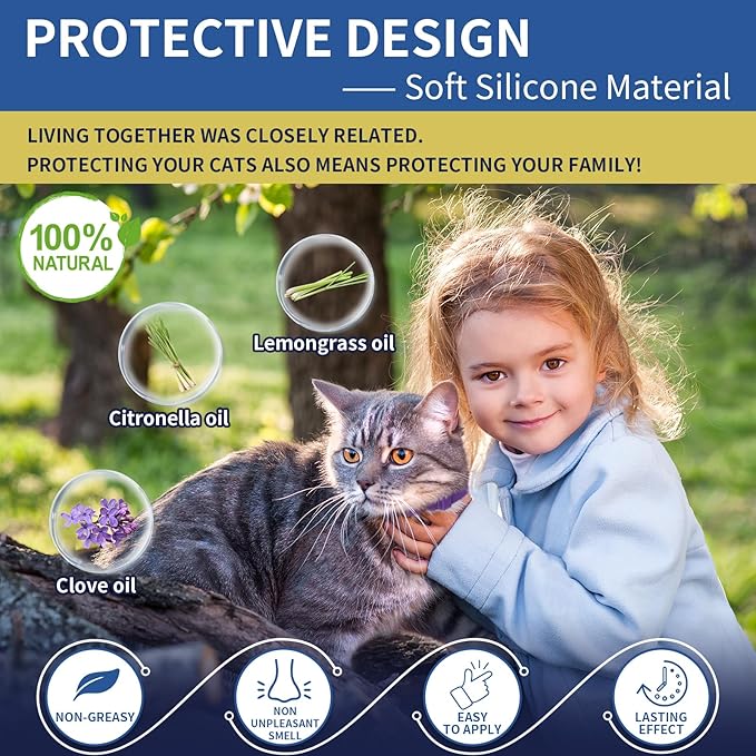 4 Pack Flea Collar for Cats, 32 Months Flea and Tick Prevention for Cat, Waterproof Cat Flea Collar, Natural Flea Treatment, Adjustable Fleas and Ticks Collars for Cats Kittens(Grey&Purple)