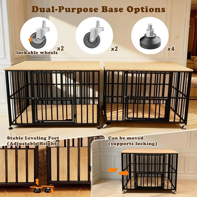 43" Dog Crate Furniture Foldable, Large Dog Kennel Furniture with Swing-Out Bowl & Dual Base Sets (Feet+Wheel), No Assembly Foldable Dog Crate Furniture, End Table for Large Dogs, Warm Gray