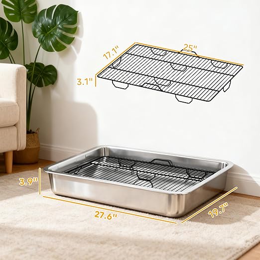 PawHut Dog Potty Tray Stainless Steel, Puppy Training Tray for Small and Medium Breeds, Indoor Dog Pee Pad Holder with Elevated Grid, Easy to Clean, for Porch, Bathroom, Balcony, 28" x 20" x 4"