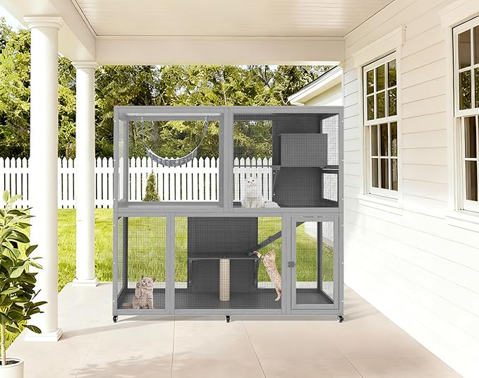 Catio Indoor Cat Enclosure on Wheels, 2-Tier Large Cat Catio for Multiple Cats, Wooden Kitty Cage with Resting Box, Platform, Sunshine Roof, Grey