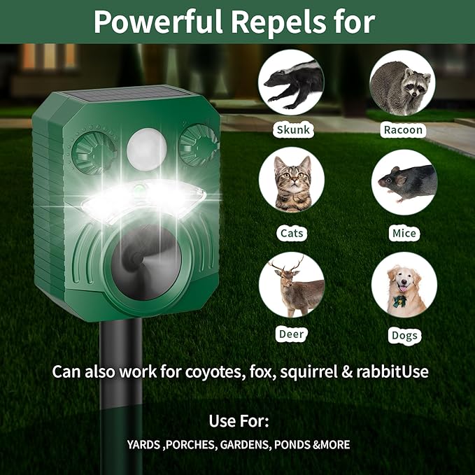 Solar Ultrasonic Cat Deterrent Outdoor – Motion Activated Deer Repellent Waterproof, Animal Repeller for Squirrel, Skunk, Racoon, Rabbit – Yard, Garden & Farm Protection