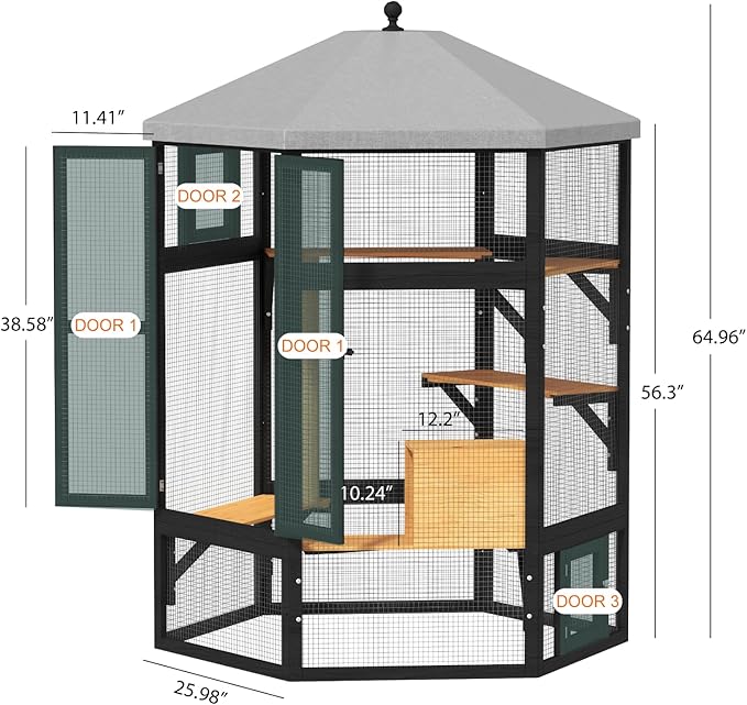 Catio Outdoor Cat Enclosure,Large Cat House Kitty Cage,Indoor Outdoor Cats Outside Patio for Cats with Window Access & Waterproof Roof, Multiple Platforms & Scratching Post, 65" Black