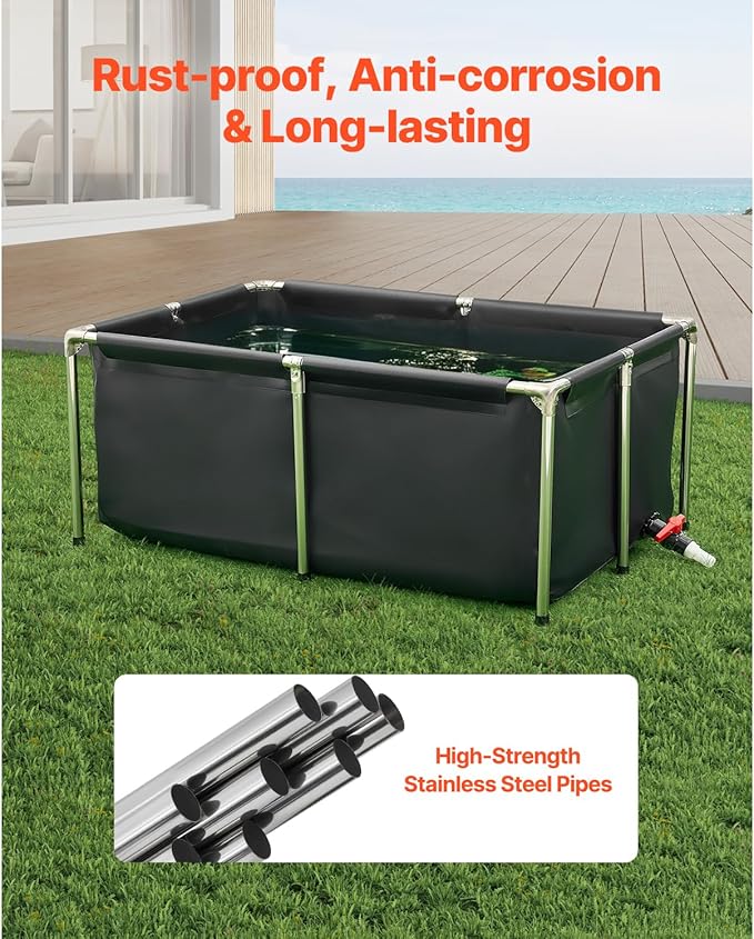 Happybuy 126.8-Gallon Black Rectangular Fish Pond - Foldable Above Ground PVC Koi Tank with Stainless Steel Frame & Drain Valve for Aquaculture and Breeding