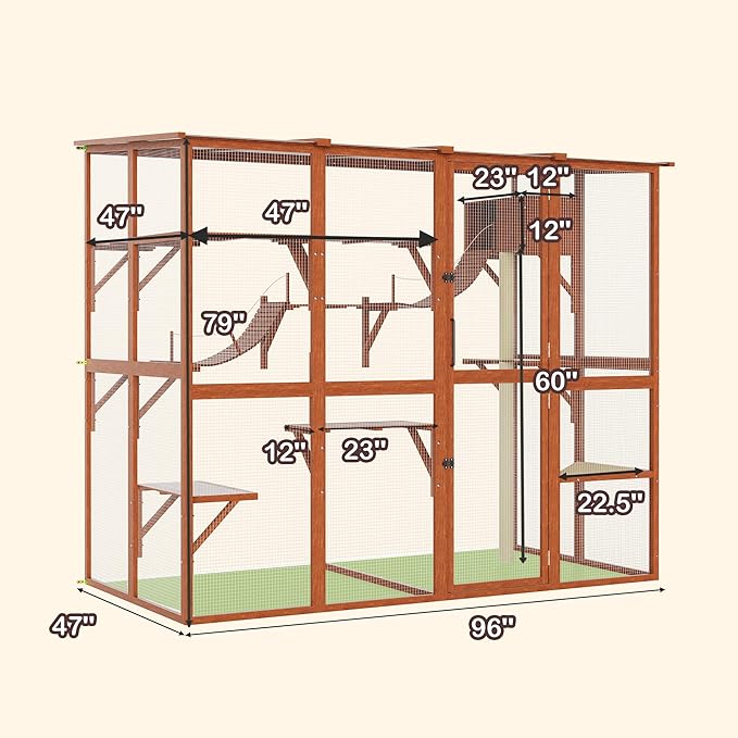 Large Walk-in Catio Wooden cat Houses for Multiple Outdoor Cats, Outdoor cat Enclosure with 4 Bridges & Transparent PVC Roof & sisal Scratcher, Kitty cat Condo Shelters (Orange)