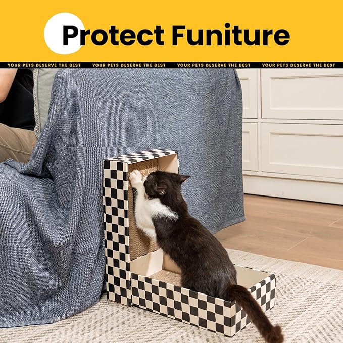 Cat Scratcher Box with 4 Scratching Pads&2 Separate Cardboard Boxes,2-in-1 Cardboard Cat Scratch for Multiple Kitten Interactive Play,Checkered(Ball & Fish Catnip Toy Included)