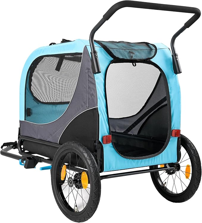 ClevrPlus 2-in-1 Pet Bike Trailer & Large Foldable Dog Stroller Pet Cart Carrier, Blue, 80 Lbs Capacity, Dog-Friendly Designs, Easy Folding Frame, Universal Bicycle Coupler, and Safety Flag