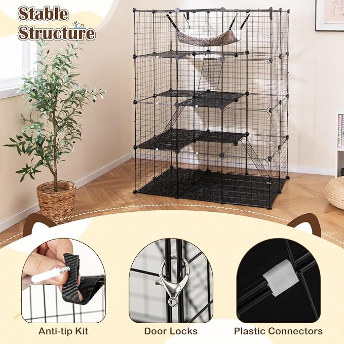 Tangkula Cat Cages Indoor, 56" Large 4-Tier Cat Enclosure with Skylight, Hammock, 3 Ladders, Detachable Metal Wire Kennel with 4 Lockable Doors, DIY Cat Crate & Pet Playpen Catio for 1-4 Cats