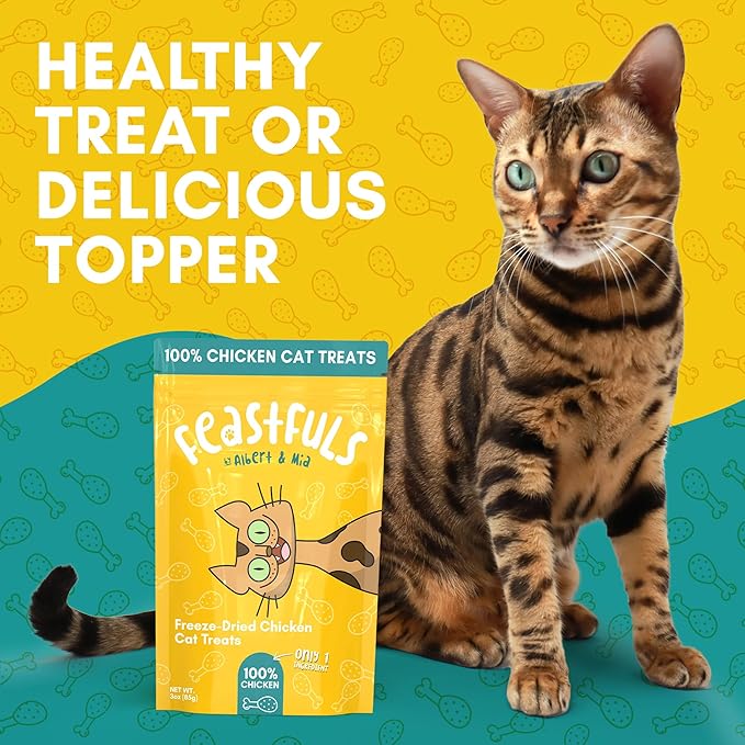 ALBERT & MIA Feastfuls Freeze Dried Cat Treats - 100% Freeze Dried Chicken Breast, Soft, Healthy Cat Treats, High in Protein, Extra Tasty, Great for Training Cats, as Snack and Kitty Food Topper (1oz)