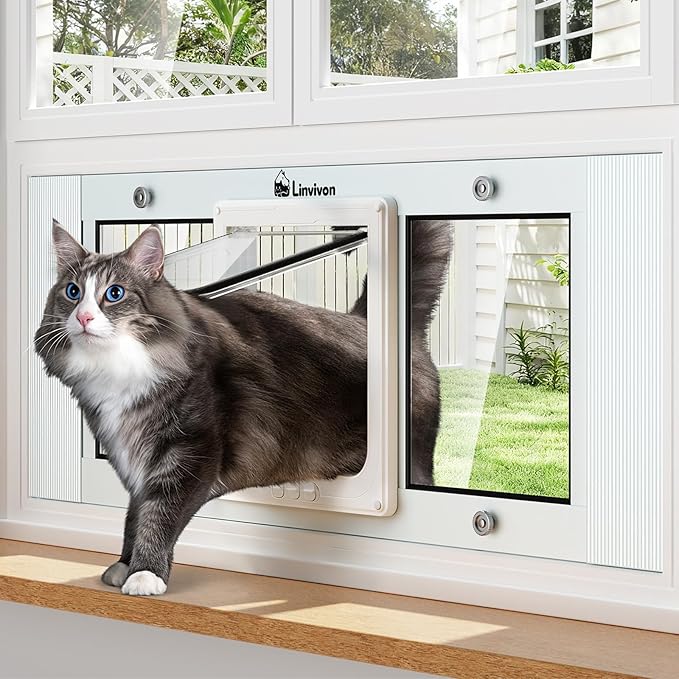 Cat Door for Window, Quick Installation Adjustable Width of 27"-32", Cat Window Door with 4 Locking Modes, Magnetic Closure Design, Weatherproof Aluminum Frame Cat Door Window Insert