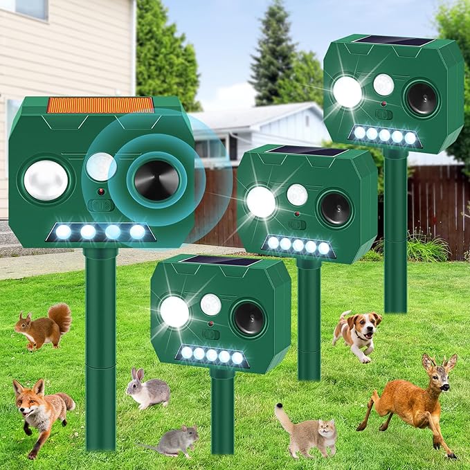Solar Ultrasonic Animal Repellent Outdoor, 4 Pack Cat Repellent Outdoor Deer Repellent Devices with PIR Motion Sensor ＆ LED Flash, Waterproof Squirrel Repeller, Cat, Raccoons, Rabbits, Deer, Skunk
