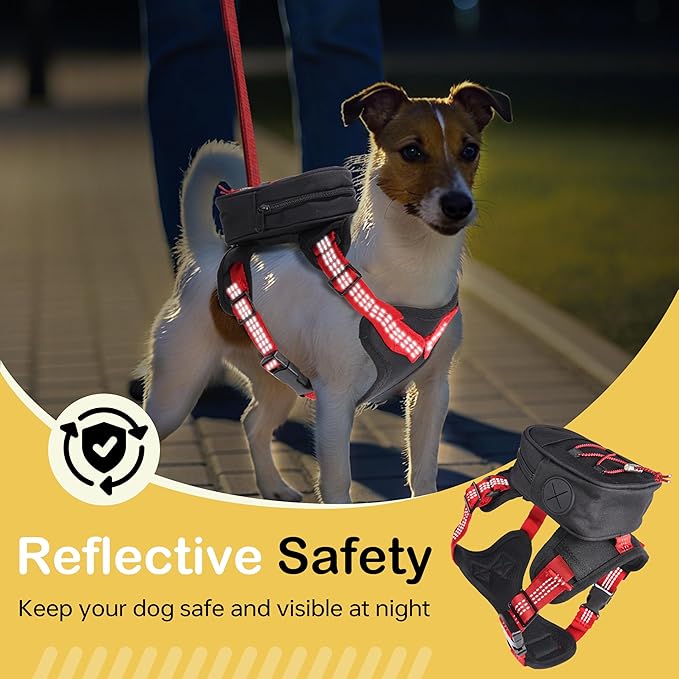 Dog Backpack Harness with Reflective Leash, Built in Poop Bag Dispenser, Adjustable Backpack for Small Dogs, Detachable Dog Back Pack for Outdoor Adventures, Puppy Training, Walking(Black,Medium)