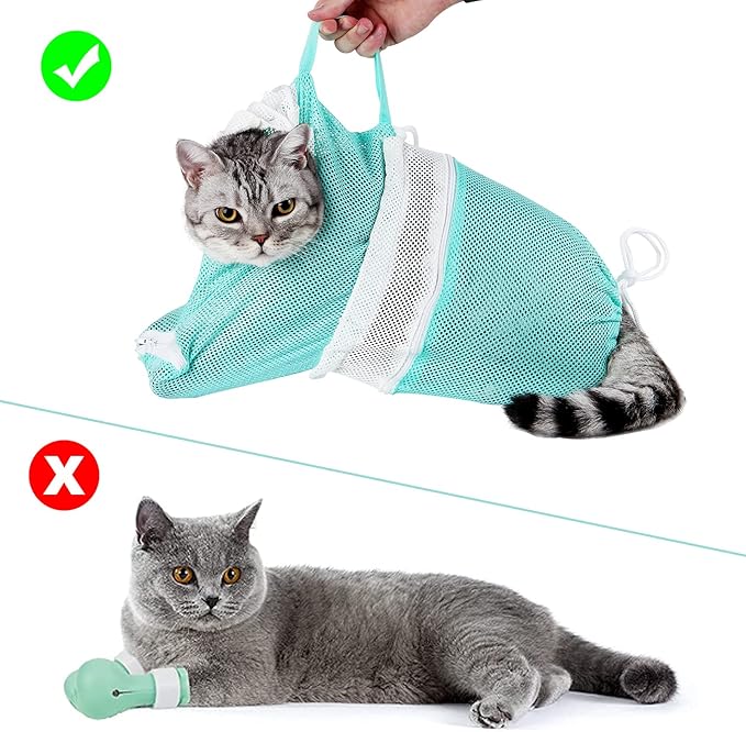 Cat Bathing Bag - Adjustable Cat Washing Net Anti-bite & Anti-Scratch Cat Shower Restraint Bag, Breathable Mesh Cat Grooming Bag for Bath, Nail Trimming & Injection