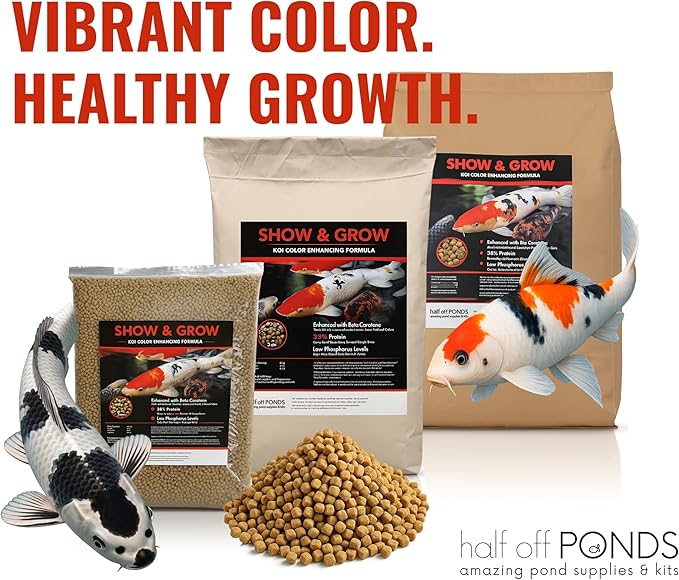 HALF OFF PONDS Show & Grow Koi Fish Food - 50 lb Floating Pellets, 3mm Size - Goldfish Food for Ponds - 35% Protein with Beta Carotene & Vitamins - Enhances Color Vibrancy & Body Definition