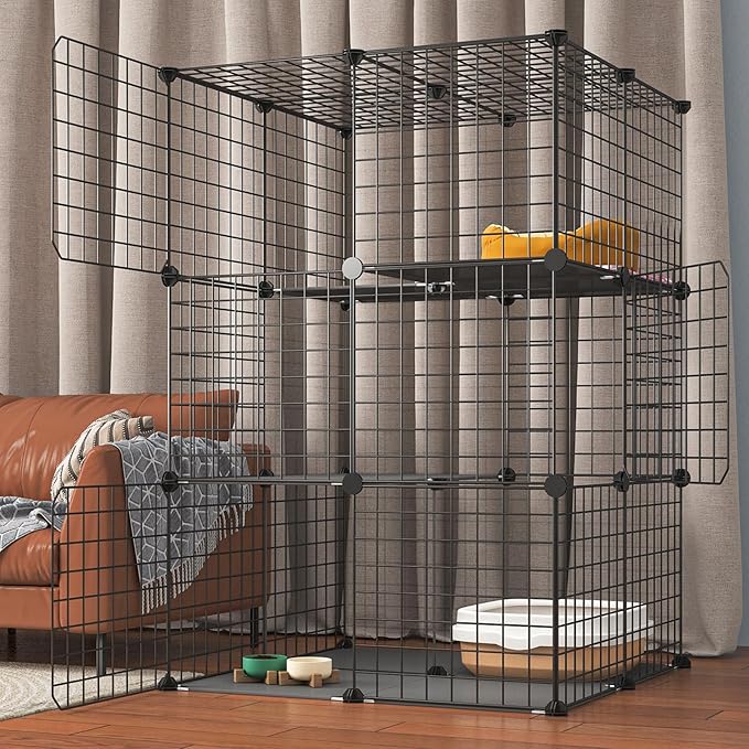 3-Tier Cat Cage Indoor Enclosure DIY Cat Playpen Catio Detachable Metal Wire Kennels 2Lx2Wx3H Crate Large Exercise Place Ideal for 1-2 Cats, Black