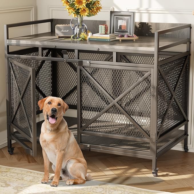 COZPAW 48 Inch Extra Large Furniture Dog Crate | Heavy Duty Wooden Indoor Dog Kennel with Caster Wheels | Decorative Pet House End Table |Light Grey