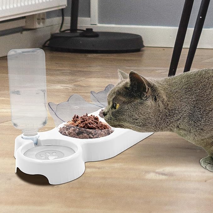 Triple Dog 3-in-1 Tilt Cat Bowls - Double Food Bowls with Automatic Water Bottle, Removable Wet & Dry Food Bowl Set for Small Cats & Puppies (White)