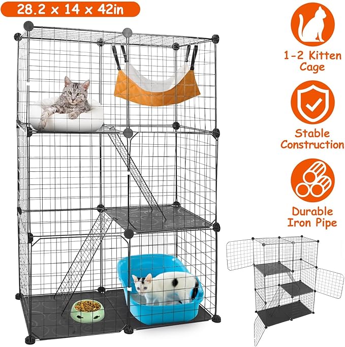 Large 3-Tier Cat Cage, Indoor Cat Enclosures Pliable DIY Cat Playpen, Detachable Metal Wire Kennels Cat Crate Box House with 3 Doors 2 Ramp Ladders for 1-2 Cats, 28.2"L x 14.0"W x 42.1"H,Black