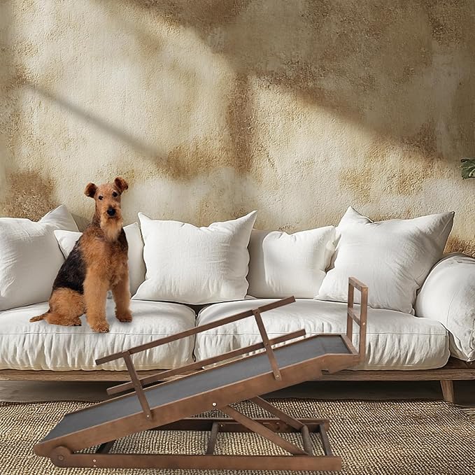 Dog Ramp for Bed, 5 Level Adjustable Dog Ramp for High Beds, Upgrade Rubber Mat High Traction Ramp with Safety Rails, Folding Pet Ramp for Bed, Couch,SUV, Natural Wood Pet Ramp for Small & Old Dogs