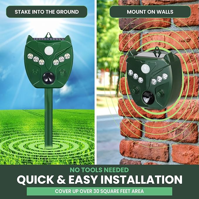 Shamzy Solar Ultrasonic Animal Repellent Outdoor, Cat Deterrent for Yard with 6 LED Flashing Lights & Motion Sensor That Repel Dogs, Deer, Fox, Raccoon, Skunk, Rabbit, Squirrel Deterrent Outdoor