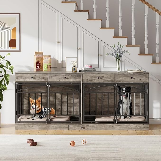 GAOMON Dog Crate Furniture for 2 Dogs, 78.7'' Large Dog Kennel Indoor with 4 Storage Drawers and Feeding Bowls, Double Dog Crate TV Stand for Small and Medium Dogs, Gray