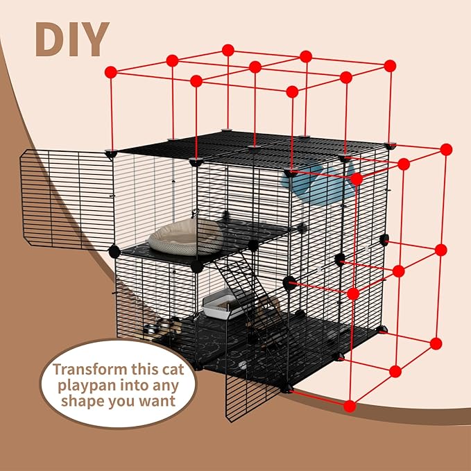 Medium Cat Cage Indoor: Enclosed Cat Enclosure DIY Pet Playpen Detachable Metal Wire Kennel Sturdy Crate with Hammock for Cats Kitten
