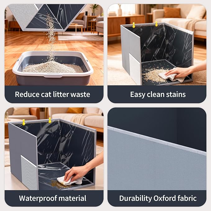 Aokeyee Cat Litter Box Enclosure Splash Guard, High Side All-Inclusive Waterproof, Gray Foldable Pet Litter Box Shield with 2 Hooks, Anti-Leakage, Dust Control, Easy to Clean