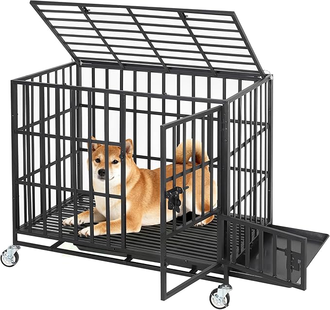 36 Inch Heavy Duty Dog Crate with Wheels, Escape Proof Metal Kennel with 3 Doors & Removable Tray for Large Medium Dogs, Black